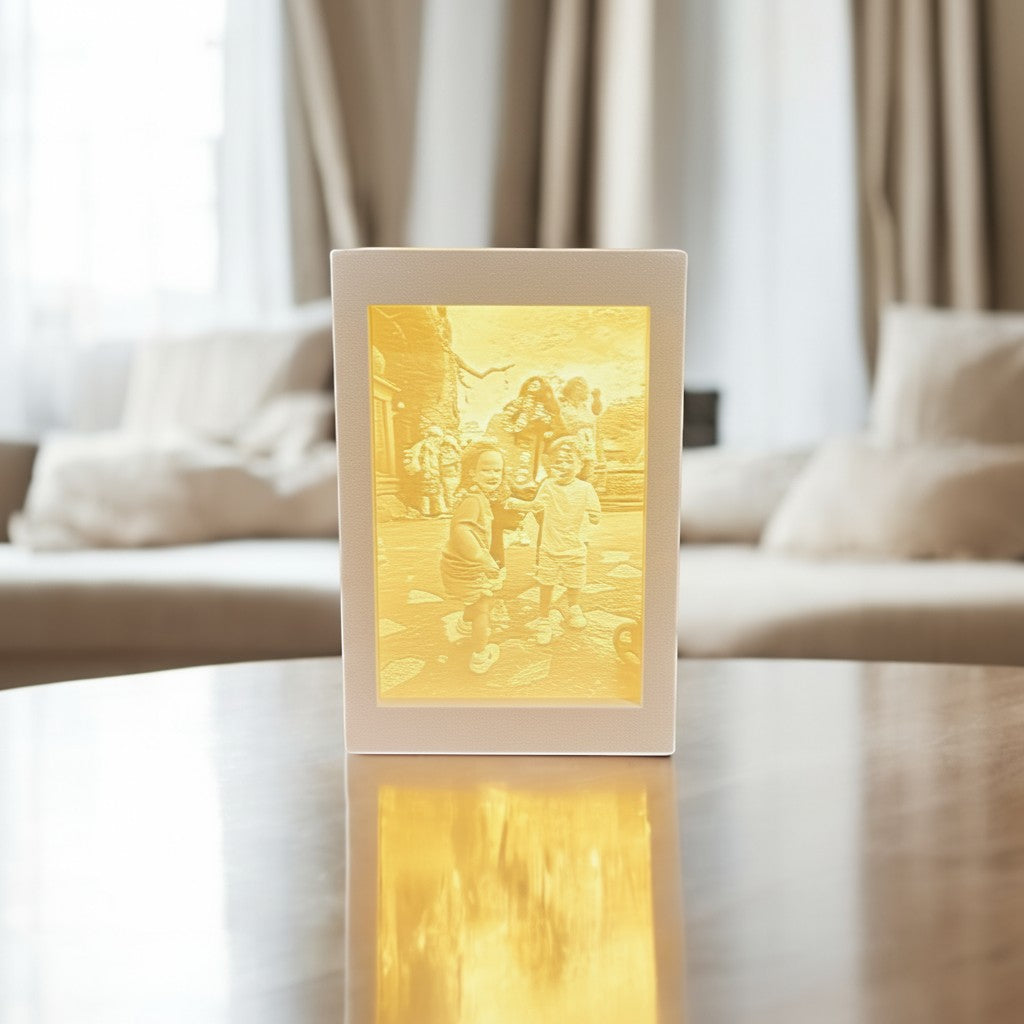 Rivon Creations Lumiglow custom photo lithophane book lamp in white, glowing with a warm light on a table.