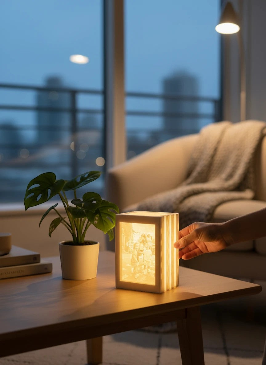 Rivon Creations Lumiglow custom photo lithophane book lamp in marble finish glowing on a wooden table in a living room.