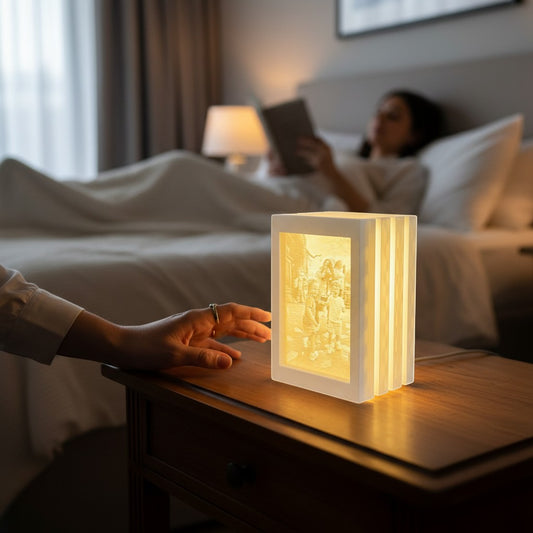 Rivon Creations Lumiglow custom 3D lithophane book lamp with a glowing family photo on a bedside table at night.
