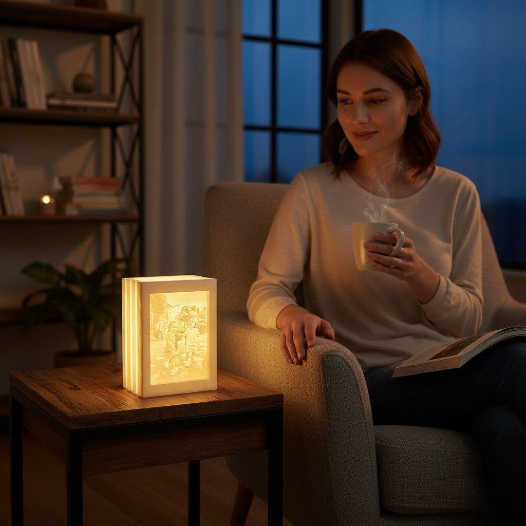 Rivon Creations Lumiglow custom lithophane book lamp glowing on a side table next to a woman holding a warm mug.