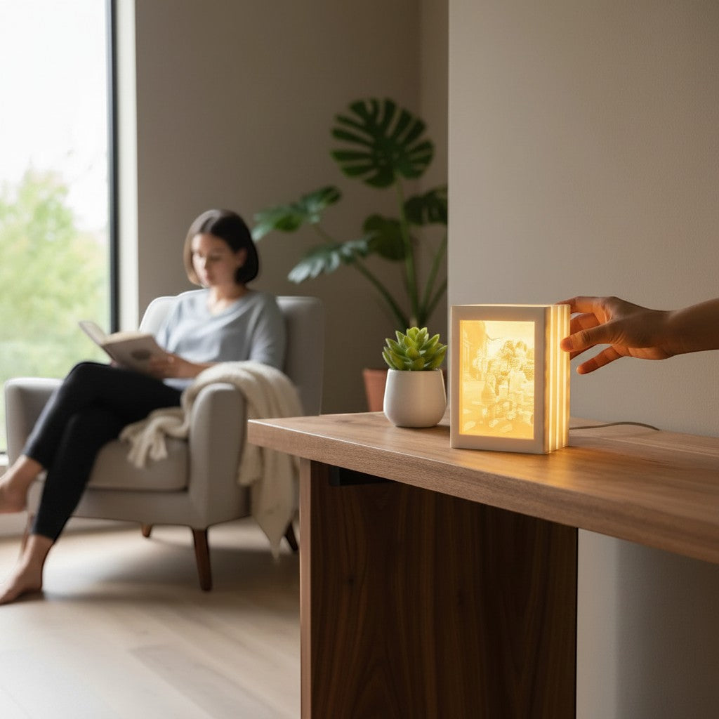 Rivon Creations Lumiglow custom lithophane book lamp glowing on a wooden table with a woman reading in the background