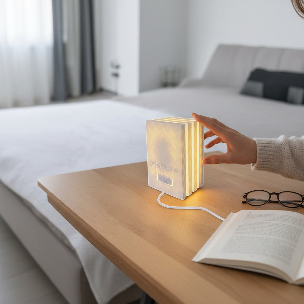 Rivon Creations Lumiglow custom photo lithophane book lamp in marble finish glowing on a wooden bedside table