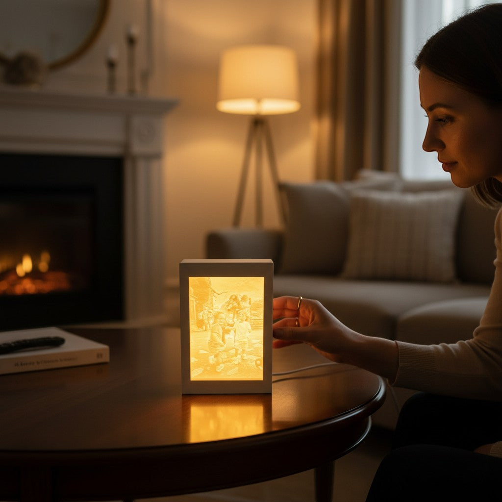 Rivon Creations Lumiglow custom photo lithophane book lamp glowing on a living room table with a woman looking at it