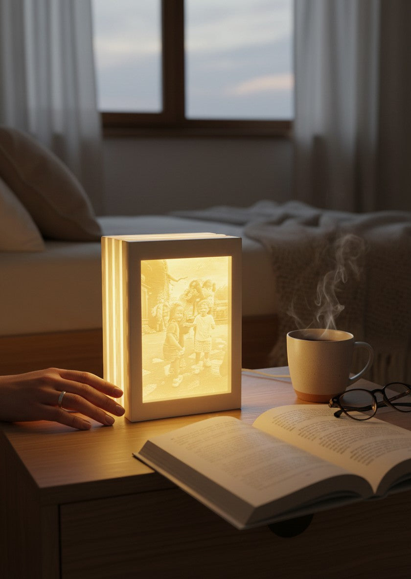 Rivon Creations Lumiglow custom photo lithophane book lamp in white, glowing on a bedside table with a warm light.